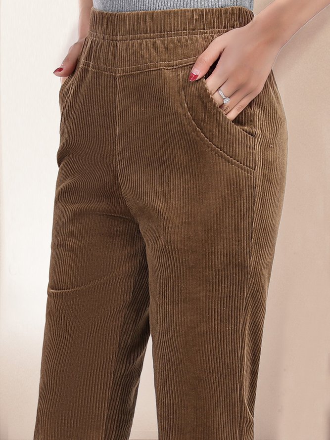 Women Plain Corduroy Elastic Waist Pocket Loose Turnip Pants