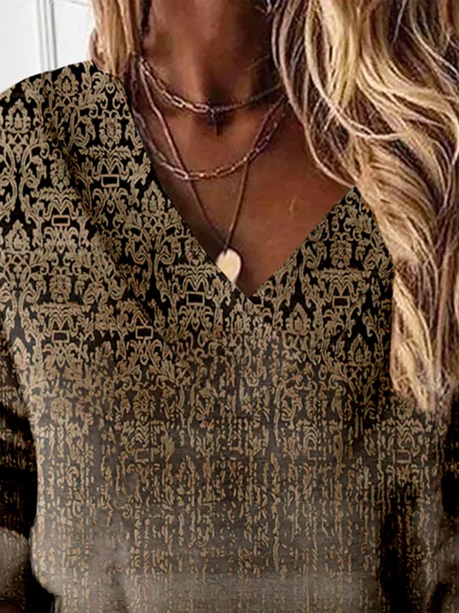 Ethnic Long Sleeve V Neck Casual Sweatshirt