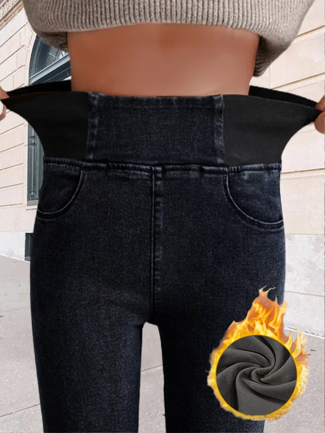 Women High Waist  Warmth Plain Denim Casual  Tight Thicken Leggings