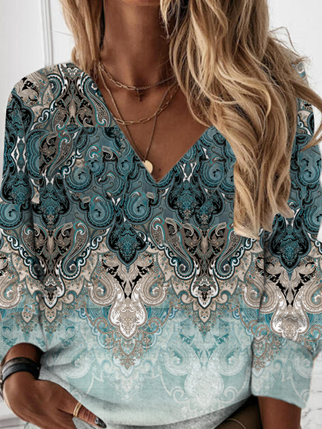 JFN V Neck Blue Ethnic Long Sleeve Loose Sweatshirt