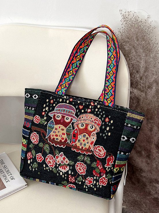 Ethnic Owl Embroidered Tote Bag Shoulder Bag Vintage Striped Canvas Bag