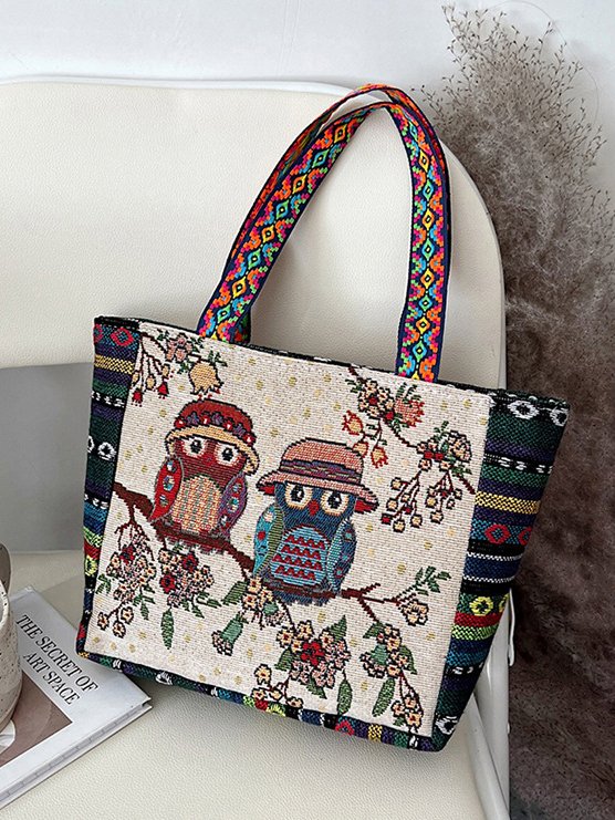 Ethnic Owl Embroidered Tote Bag Shoulder Bag Vintage Striped Canvas Bag