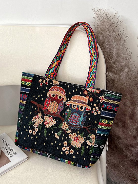 Ethnic Owl Embroidered Tote Bag Shoulder Bag Vintage Striped Canvas Bag