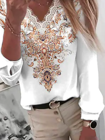 V Neck Vacation Ethnic Blouse