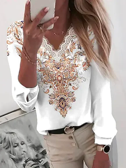 V Neck Vacation Ethnic Blouse
