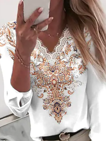 V Neck Vacation Ethnic Blouse