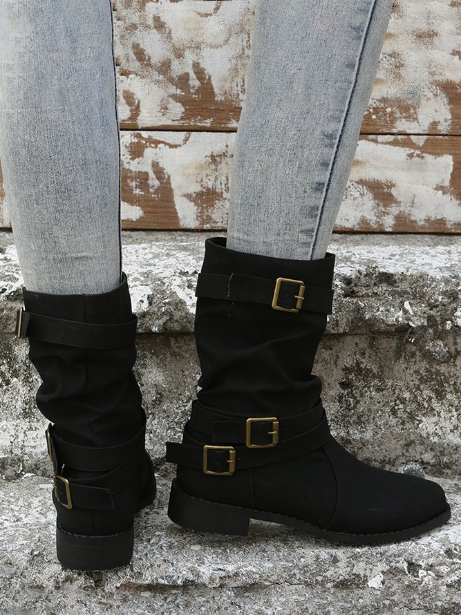 Ruched Buckle Casual Leather Booties