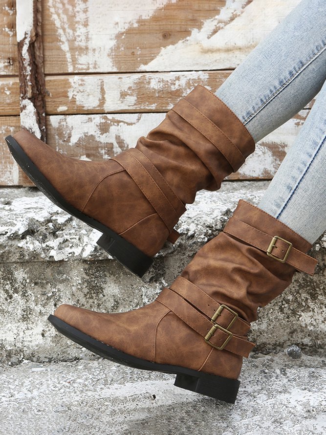 Ruched Buckle Casual Leather Booties