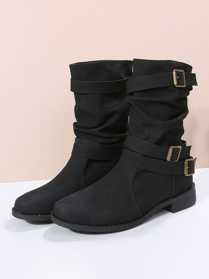 Ruched Buckle Casual Leather Booties