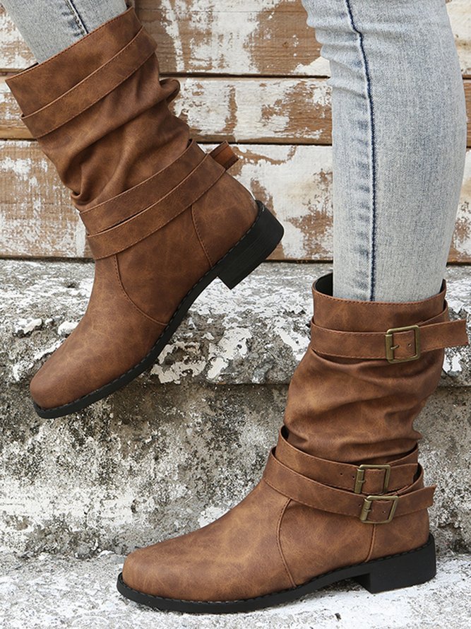 Ruched Buckle Casual Leather Booties