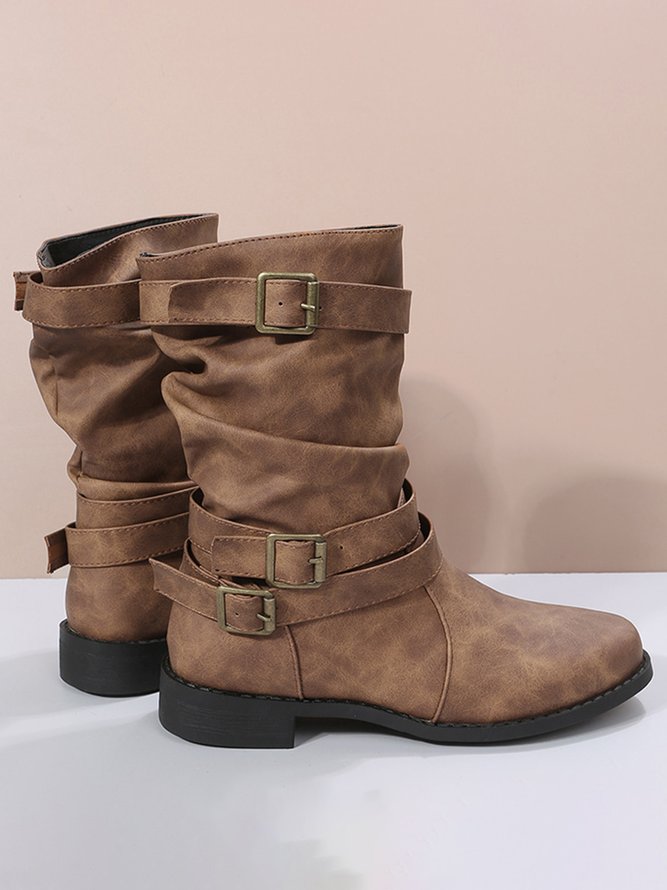 Ruched Buckle Casual Leather Booties