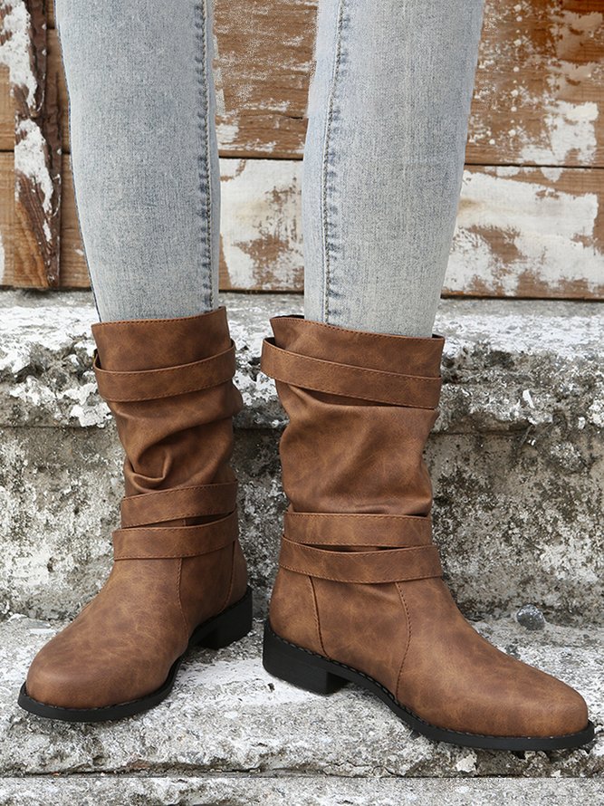 Ruched Buckle Casual Leather Booties