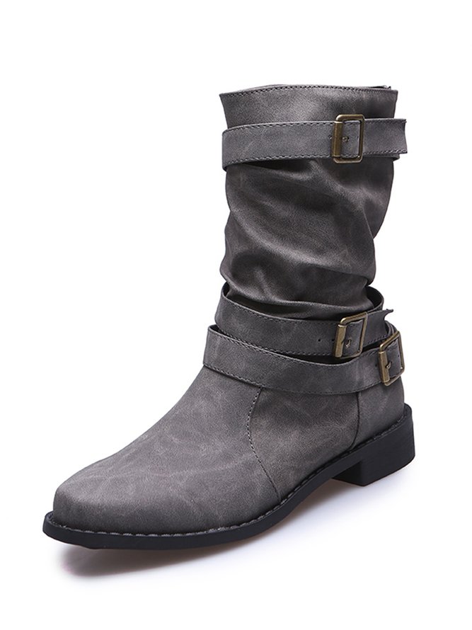Ruched Buckle Casual Leather Booties