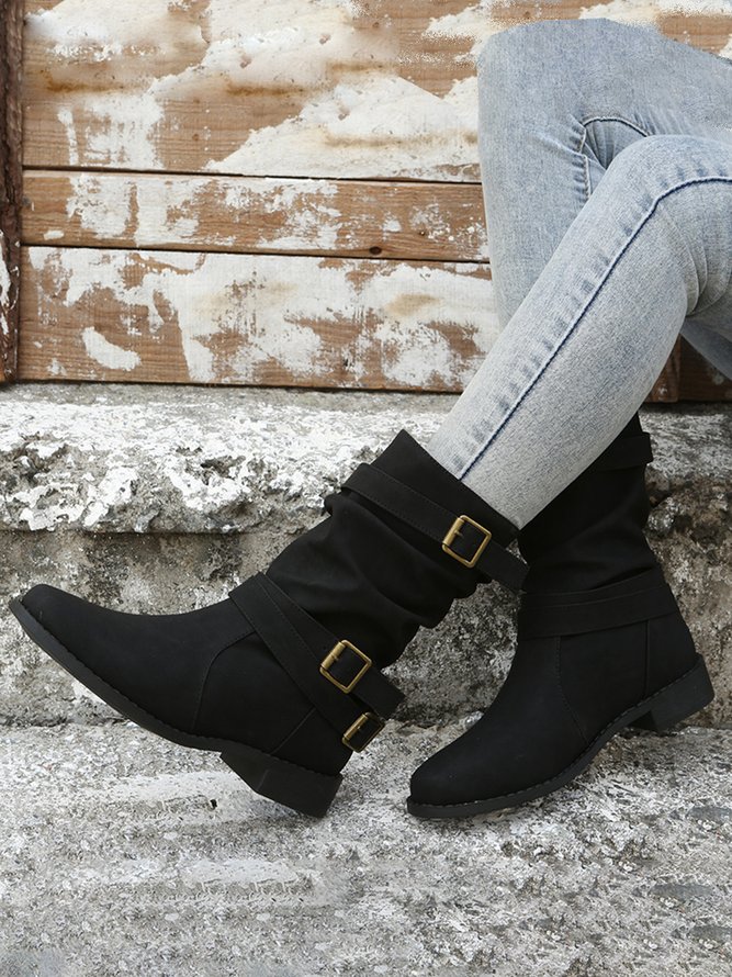 Ruched Buckle Casual Leather Booties