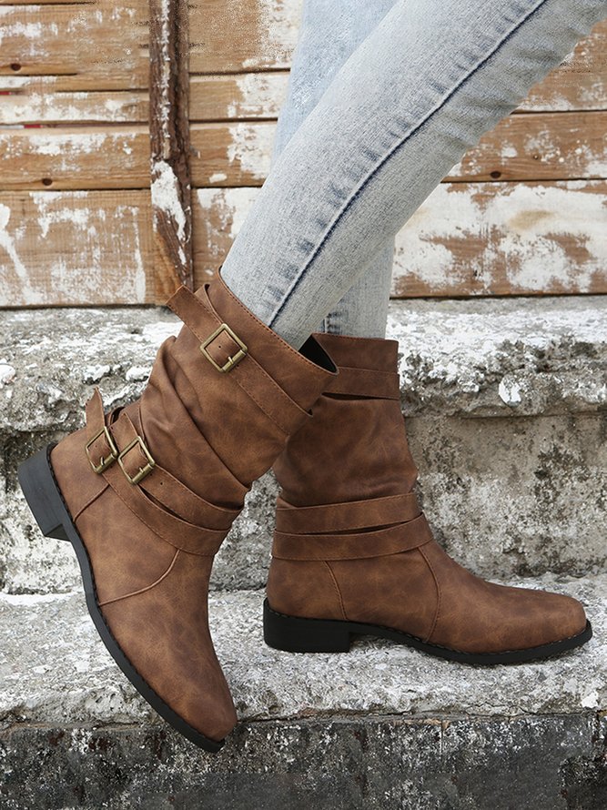 Ruched Buckle Casual Leather Booties