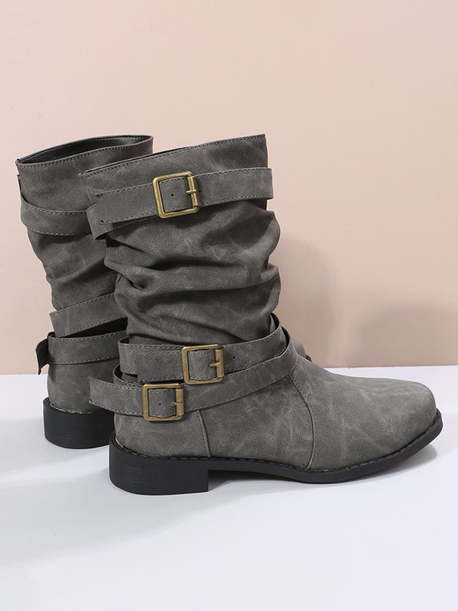 Ruched Buckle Casual Leather Booties