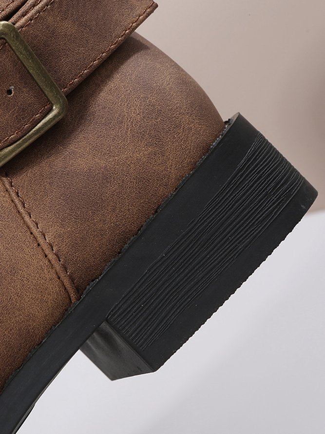 Ruched Buckle Casual Leather Booties