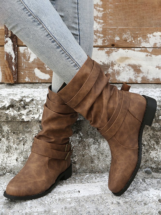 Ruched Buckle Casual Leather Booties