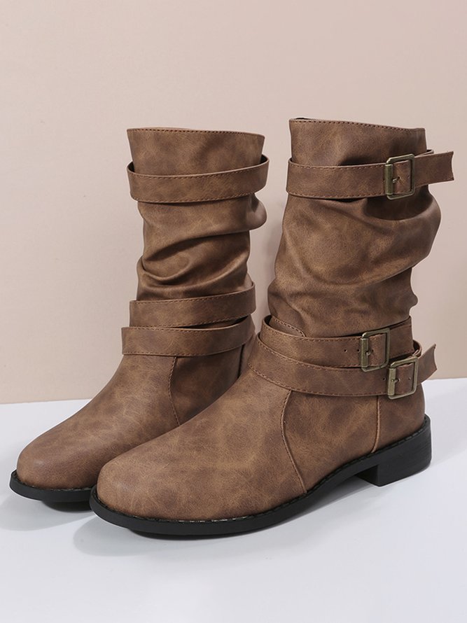 Ruched Buckle Casual Leather Booties