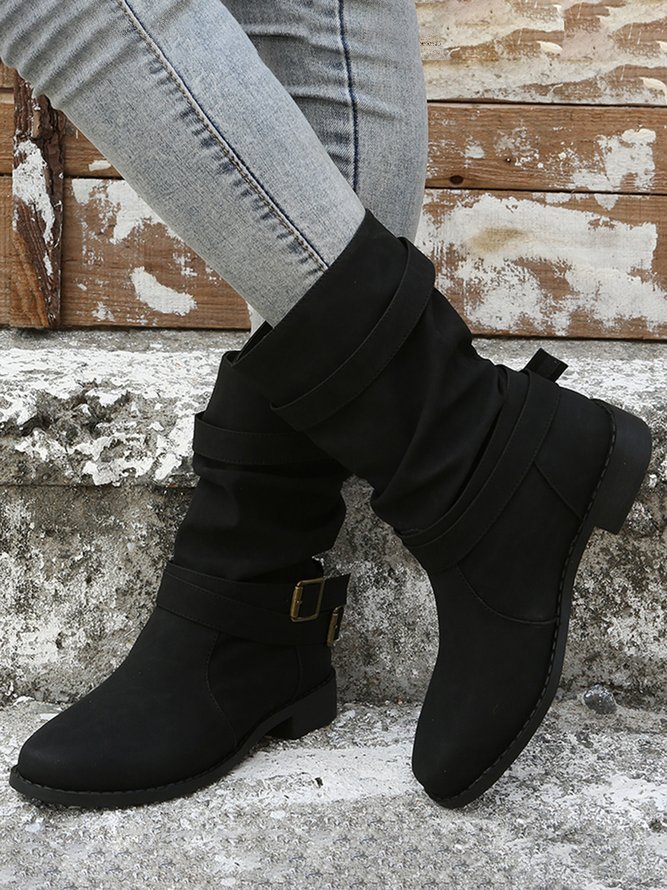 Ruched Buckle Casual Leather Booties
