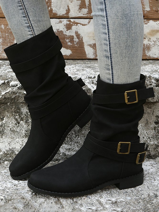 Ruched Buckle Casual Leather Booties