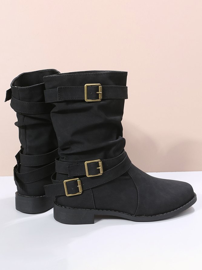 Ruched Buckle Casual Leather Booties