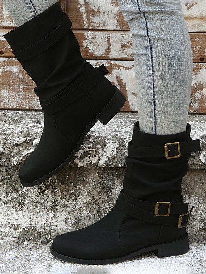 Ruched Buckle Casual Leather Booties