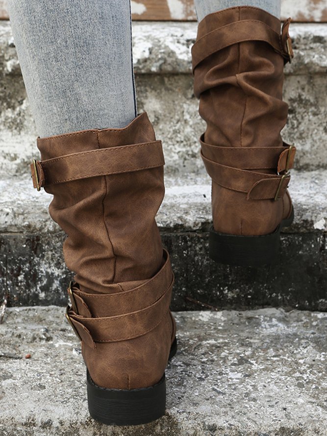 Ruched Buckle Casual Leather Booties