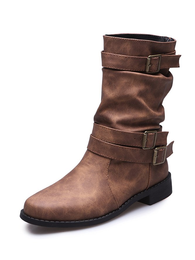 Ruched Buckle Casual Leather Booties