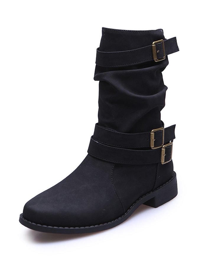 Ruched Buckle Casual Leather Booties