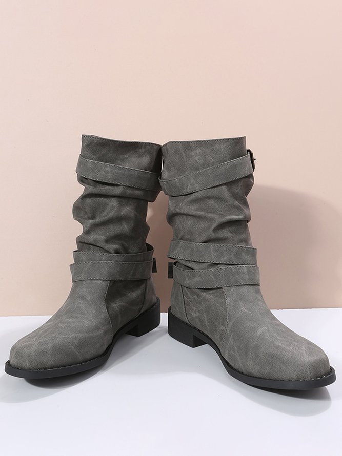 Ruched Buckle Casual Leather Booties