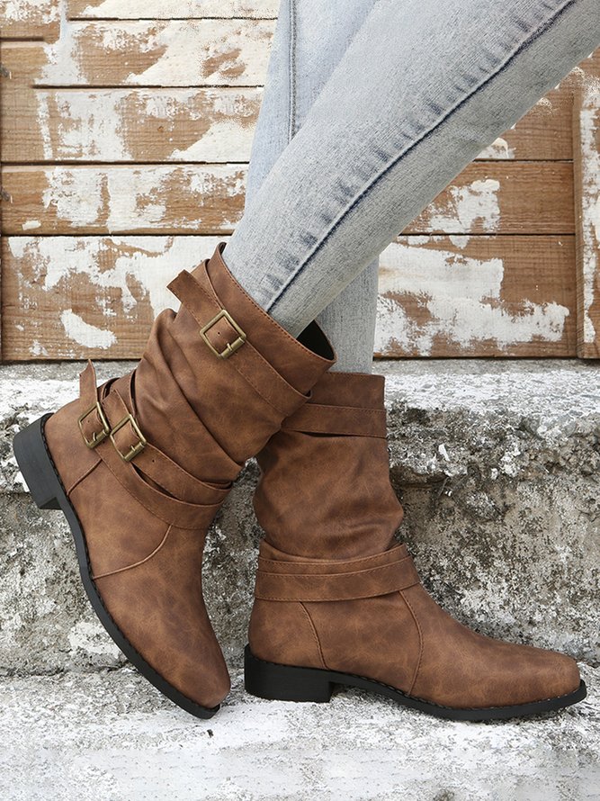 Ruched Buckle Casual Leather Booties