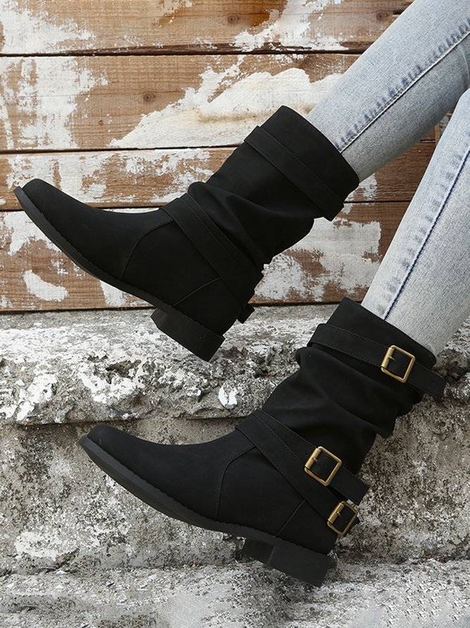 Ruched Buckle Casual Leather Booties