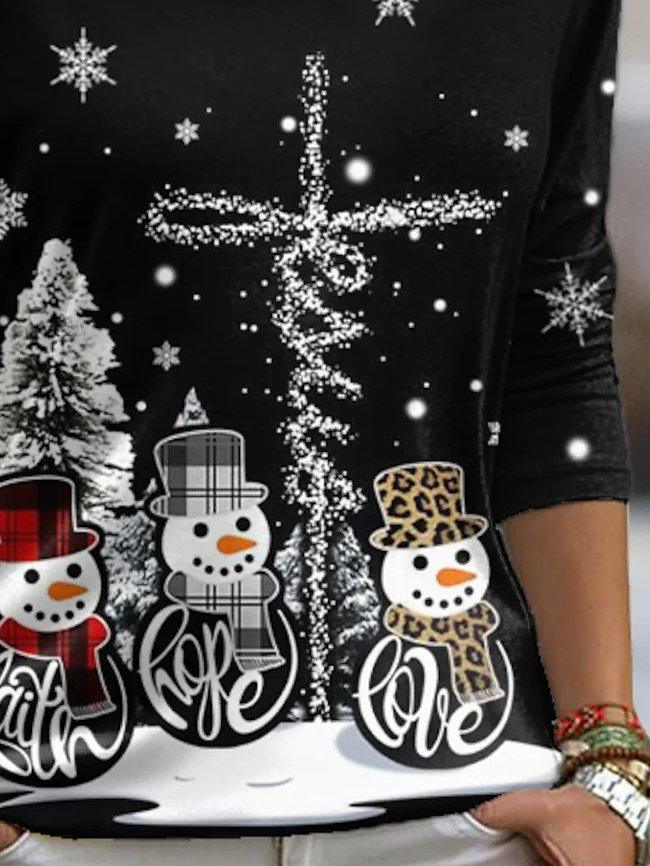 Women's Black long sleeve Tee Snowman Christmas Tree Printed