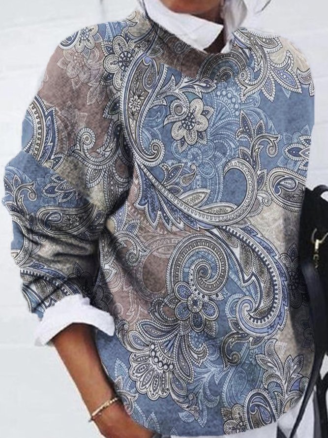 Casual Paisley Crew Neck Long Sleeve Loose Sweatshirt