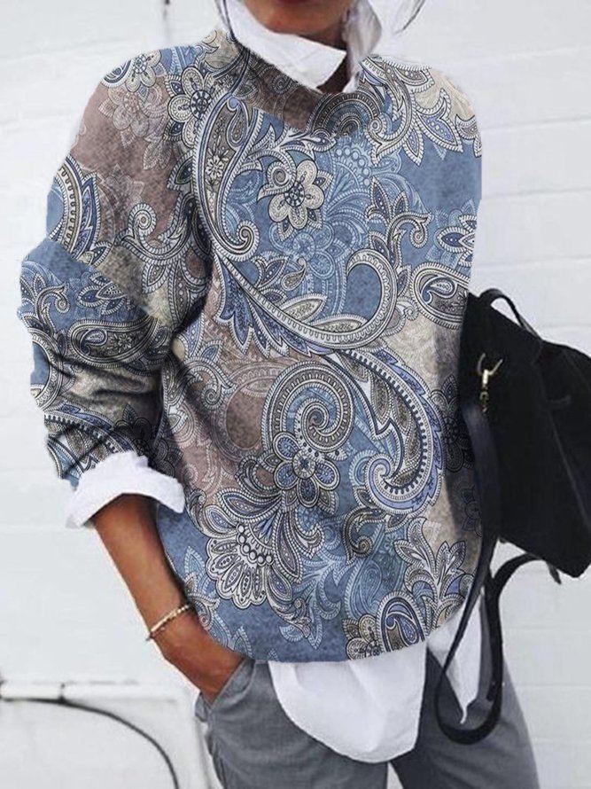 Casual Paisley Crew Neck Long Sleeve Loose Sweatshirt