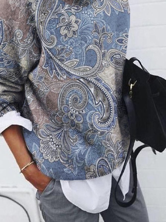 Casual Paisley Crew Neck Long Sleeve Loose Sweatshirt