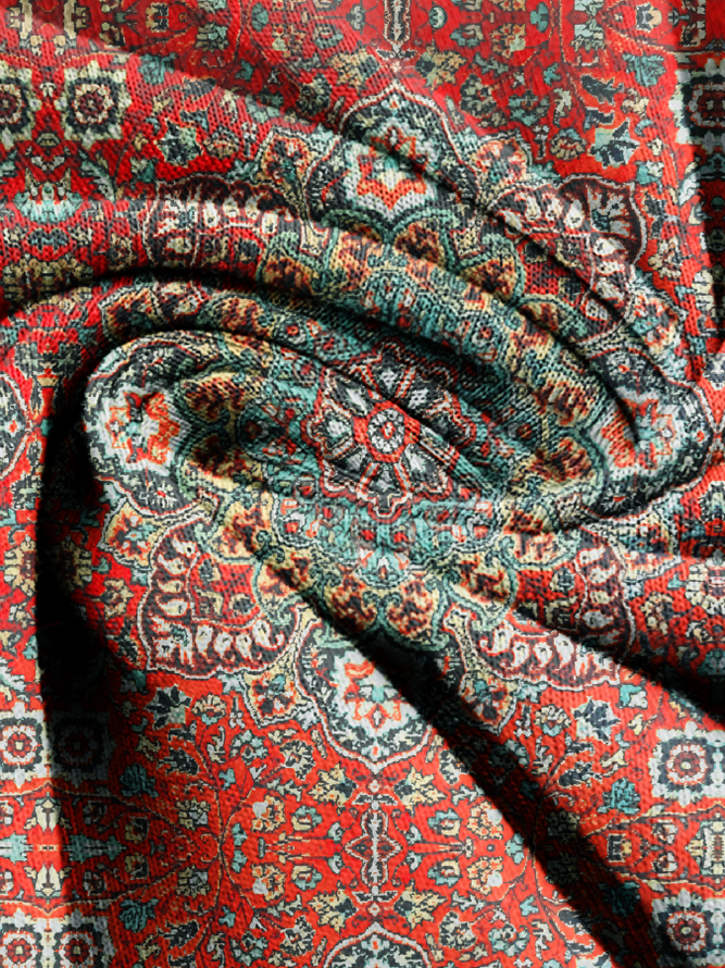 Women's  Red Geometric Printed Long Sleeve V Neck ethnic style t-shirt