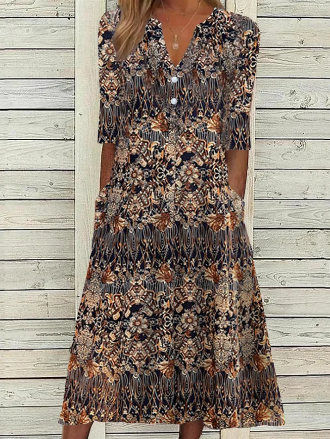 Women's A Line Dress Midi Dress Half Sleeve Ethnic Summer V Neck Casual Modern