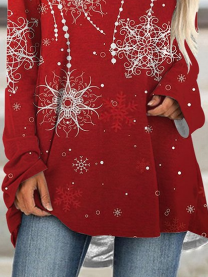 Women's Red Long Sleeve Tunic Tops Christmas Snowflake Printed 