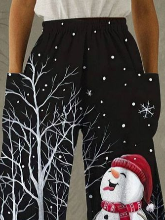 Women Plus Size Christmas Snowman Loose Casual Black Straight Pants