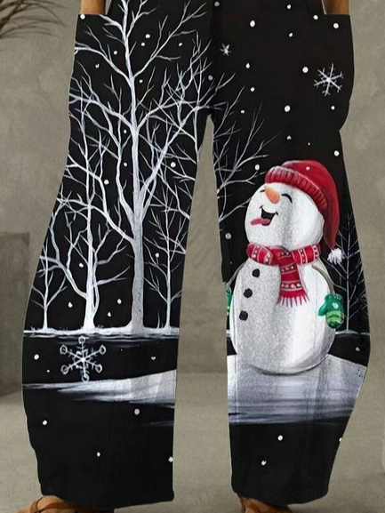 Women Plus Size Christmas Snowman Loose Casual Black Straight Pants
