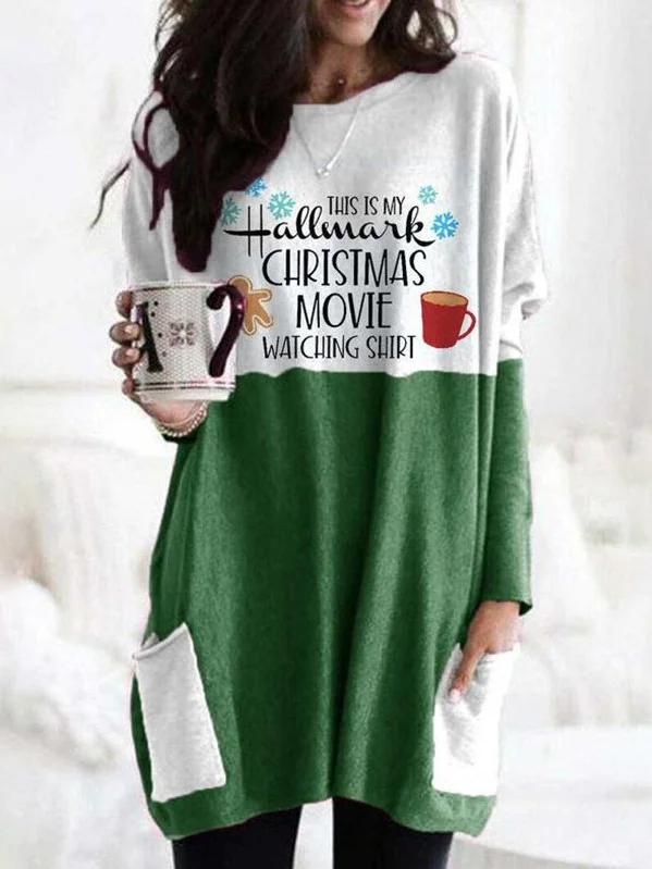Women's Green Long Sleeve Dress Christmas Print With Pocket 