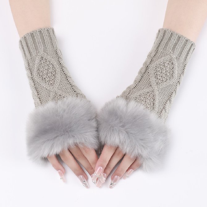 Women Christmas Casual Wool Knitted Twist Pattern Patch Plush Half Finger Gloves
