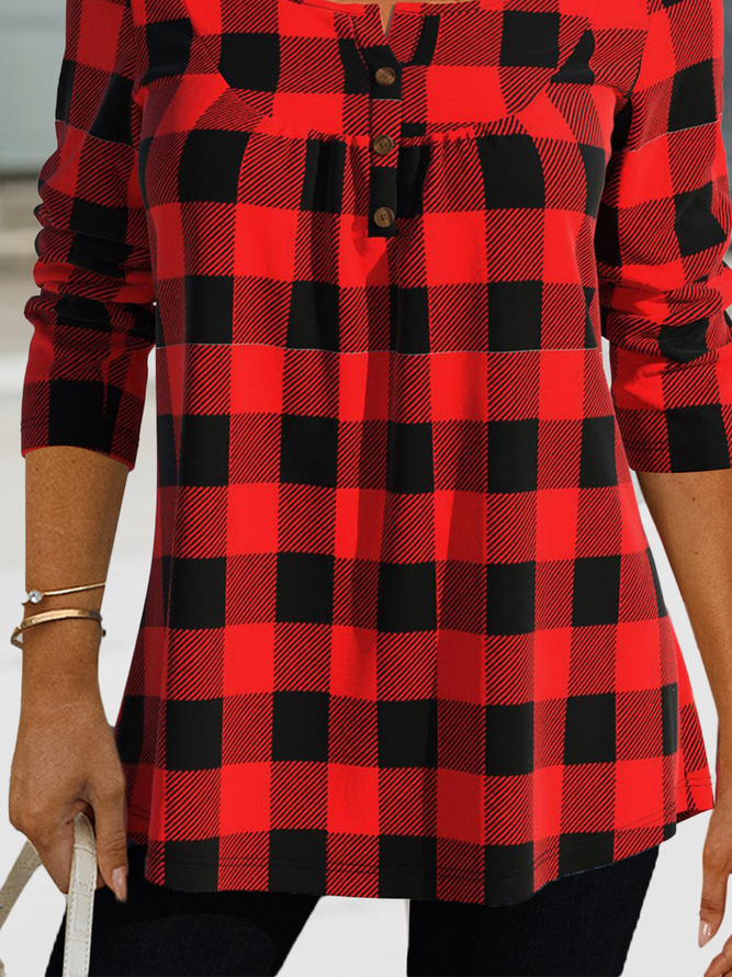 Women Christmas Plaid Loose Crew Neck Red Plaid Tunic Top