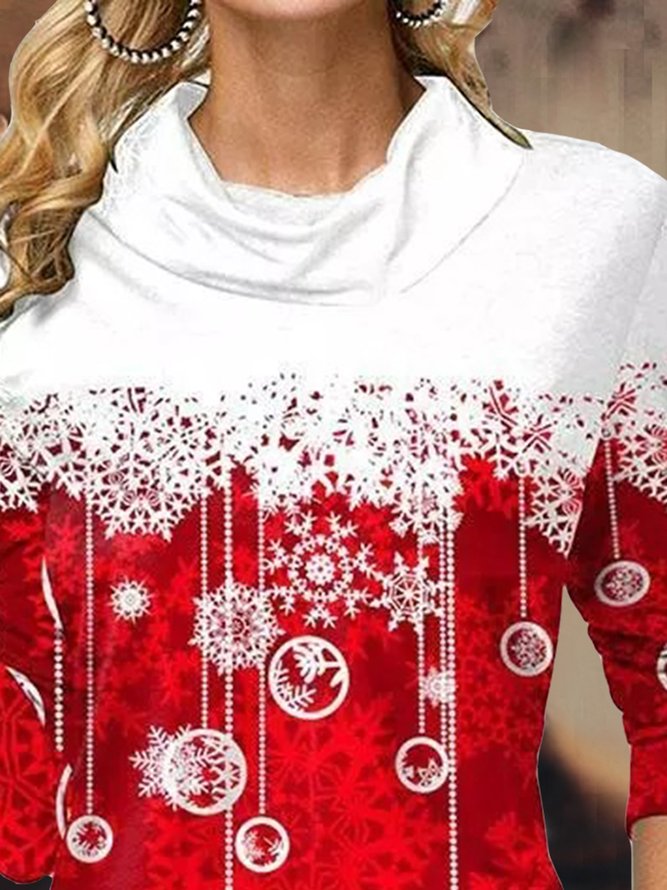 Women's Red Long Sleeve turtleneck Tops Christmas Snowflake Print