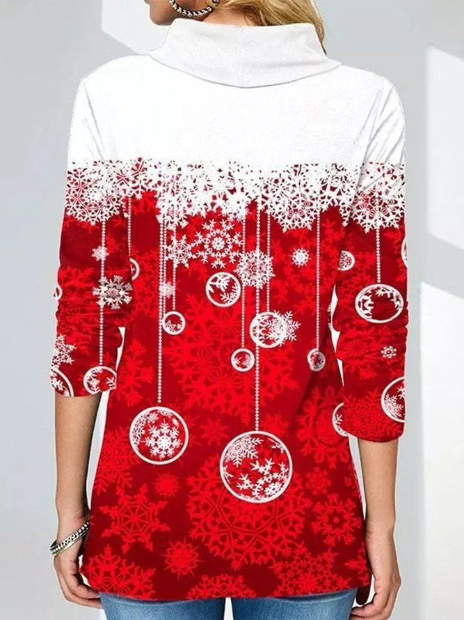 Women's Red Long Sleeve turtleneck Tops Christmas Snowflake Print