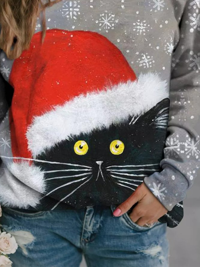 Christmas Cat Print Long-sleeved Round Neck T-shirt