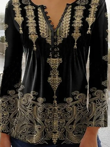 Women's Ethnic Casual Long Blouse to wear with legging Henry Collar Black Gold Tunic