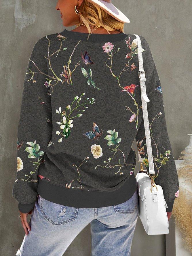 Loose Crew Neck Floral Casual Sweatshirt